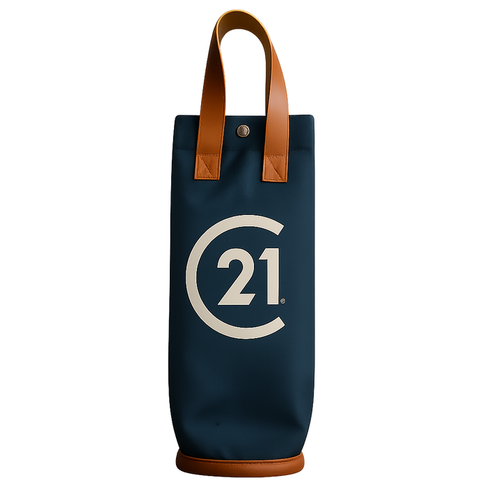 C21 Black Insulated Wine Tote with Tan Vegan Leather Handles